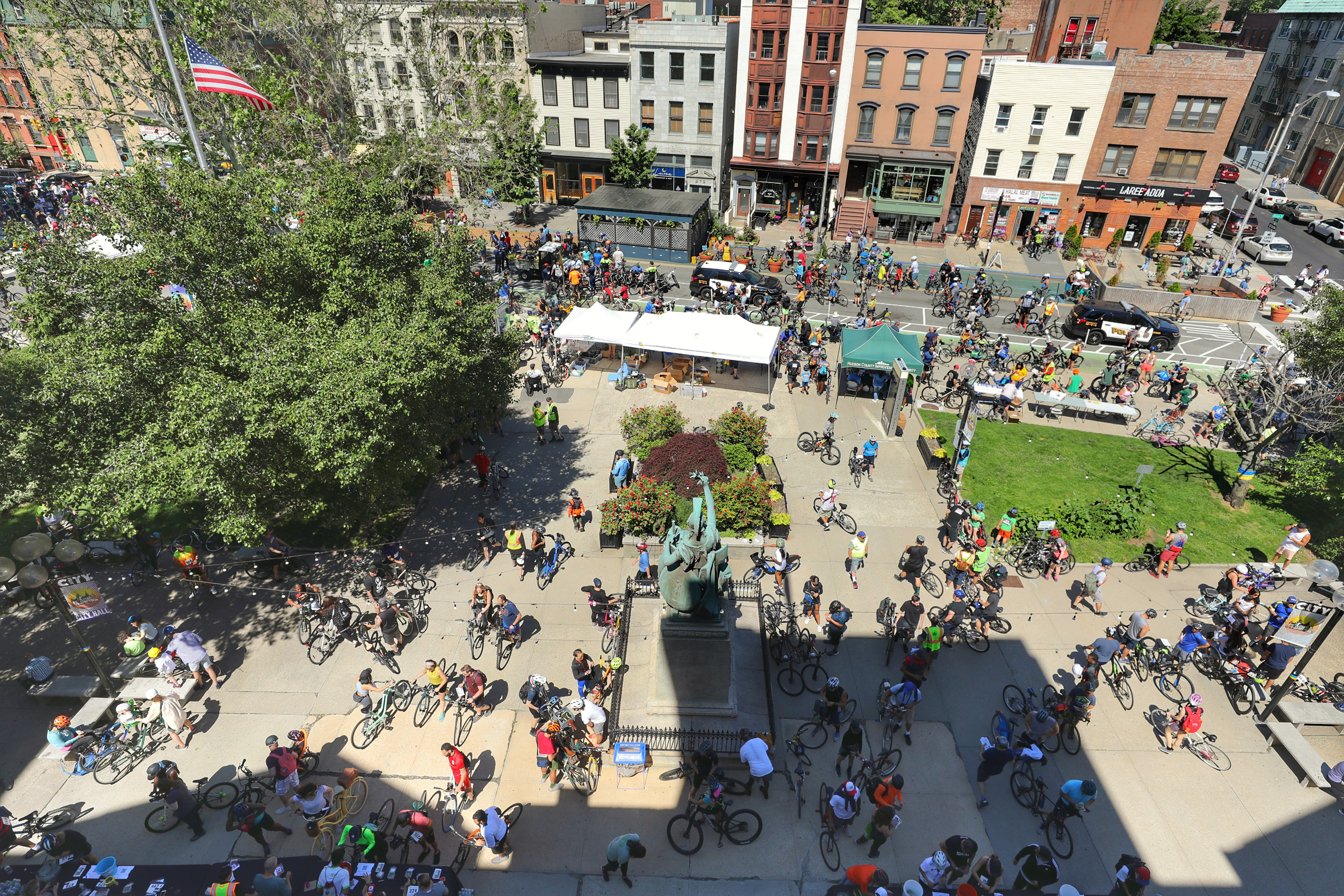 Overhead view of the start of the 2022 Ward Tour, at Jersey City Hall